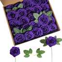 Artificial Flower Foam Rose 25pcs Real Looking Fake Rose with Stems Leaves for Home Decoration Party Garden Centerpieces DIY Wedding BouquetsPurple