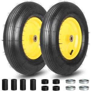 GICOOL 4.80/4.00-8 Wheelbarrow Tire and Wheel, 16" Rubber Pneumatic Wheel, 3"- 6" Centered Hub, 5/8" & 3/4" Bearings, for Hand Truck, Trolley, Garden Cart, Wagons, 2 Pack (Explorer Series)