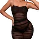 Verdusa Women's Ruched See Through Mesh Spaghetti Strap Bodycon Cami Dress (X-Large, Black)