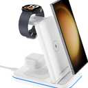 Wireless Charger for Samsung/Android, HOLYJOY Foldable 3 in 1 Fast Charging Station/Stand/Multi Charger for Samsung S25 Ultra/S24/Note 20,Travel Pad for Galaxy Watch 8/7/6/5/4/Active 2,For Buds(Ivory)