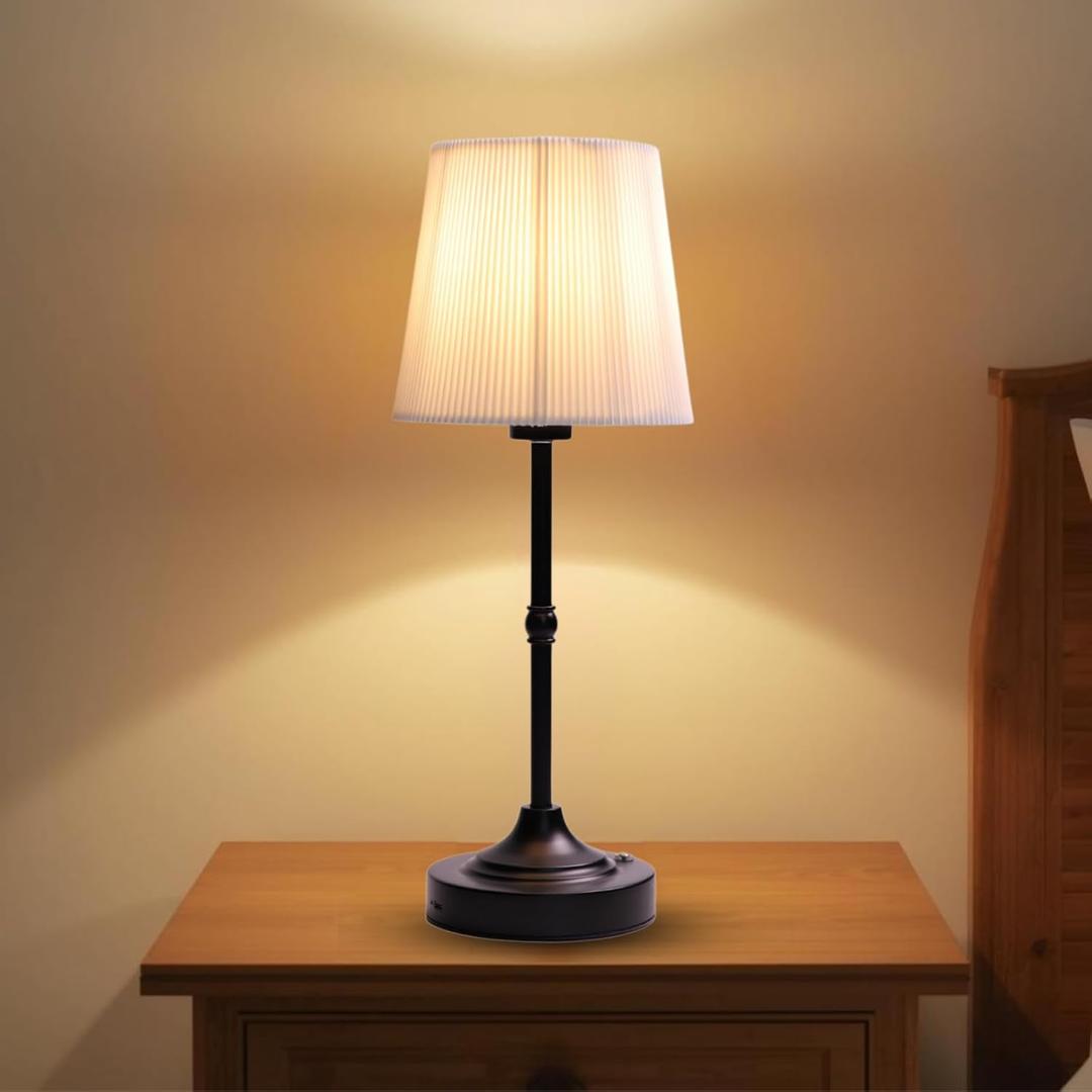 Rechargeable Cordless Table Lamp, Warm Desk Light, Wireless Touch Lamps with Stepless Dimmable Brightness & Fabric Shade for Nightstand Bedside Living Room (Black, Twill)