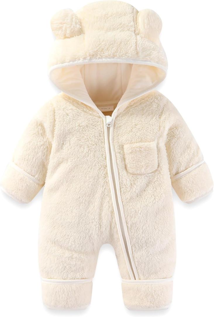 Newborn Baby Bear Outfit With Fold-Over Mittens and Footies Girls Boys Winter Fleece Clothes Hooded Romper Snowsuit (0-3 Months, Beige White)