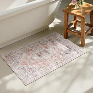 Uphome Boho Bathroom Rugs, Distressed Farmhouse Blush Pink Bath Mat, Comfy Velvet Small Bath Rugs Non Slip Washable, Vintage Oriental Toilet Rug for Sink Shower Vanity, 20x32 inch