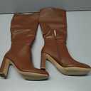 Coutgo Women's Chunky Heeled Knee High Boots Classic Square Toe Zippered Leather Tall Boot, Dark Brown, Size 9.5