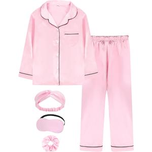 EPLAZA Kids Satin Pajamas Sets Girls Boys Button-Down Silky Pajamas Sleepwear with Hairband Eye Mask Hair Tie (11-12 Years, Pink)