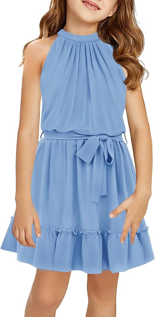 Newffr Girl's Halter Neck Sleeveless Summer Dress Tie Waist A-line Sundress Mini Swing Pleated Dress for Girls (5-6 Years, Z1-blue)