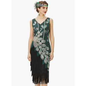 BABEYOND 1920s Vintage Peacock Sequined Dress Gatsby Fringed Flapper Dress Roaring 20s Party Dress, S