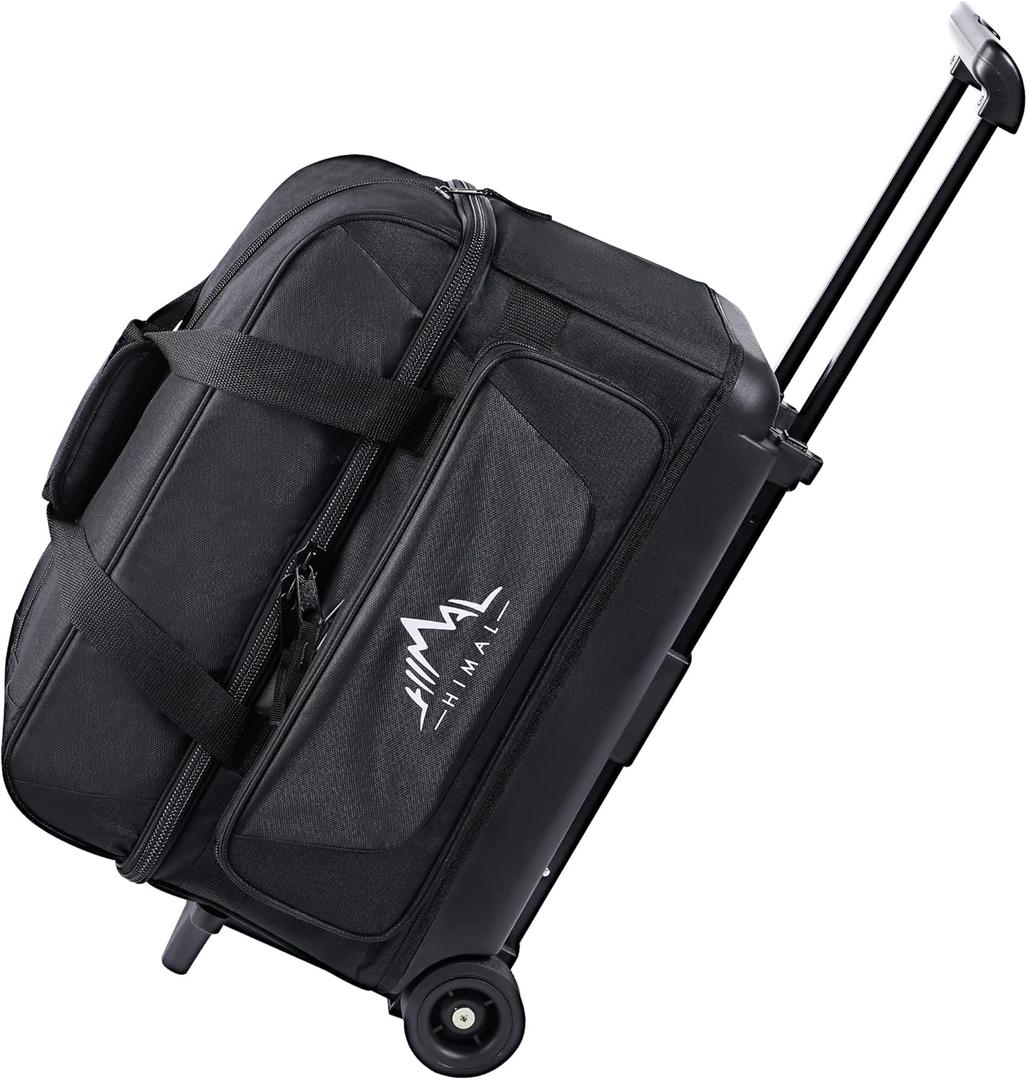 Double Roller 2 Ball Bowling Bag with Separate Shoe Compartment for Bowling Shoes (Up To US Mens Size 15) and Oversized Accessory Pocket, Retractable Handle - Extends to 40" (Black)