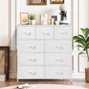 9-Drawer Dresser for Bedroom, Anti-Tip Tall Storage Organizer Chest of Drawers with Wooden Top and Metal Frame Fabric Bins for Closet, Living Room, Hallway, Entryway, White, 11.8"D x 39.4"W x 40"H