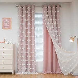 MYSKY HOME Pink Curtains for Bedroom 90 Inches Long Living Room Curtains Pom Pom Sheer Curtains for Dining Room Grommet Double Layer Nursery Curtains Toddler Room Darkening Window Panels 52 x 90 in