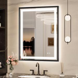 Keonjinn 28x36 Inch Black LED Bathroom Mirror with Lights, Beveled Edge
