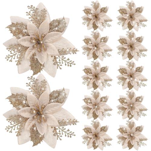 Canlierr 12 Pieces 5.7 Inch Christmas Poinsettia Flower Christmas Glitter Artificial Flower with Clips Xmas Tree Ornament for Wreath Garland Party Decor (Champaign Gold)