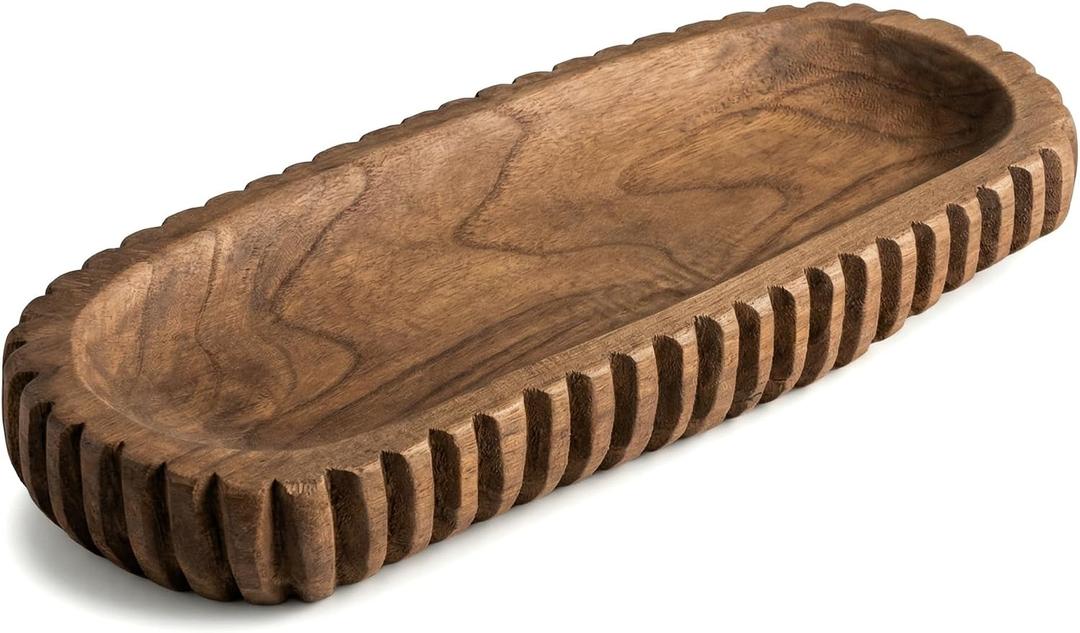 Handmade Wooden Serving Tray, Oval Shape, Natural Brown, Ridged Edge Design, Decorative Tray, Vanity, Shelf Organizer
