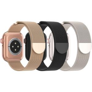 3 Pack Mesh Metal Band Compatible with Apple Watch Band, Stainless Steel Magnetic Loop Strap for iWatch, Size: 38mm/40mm/41mm/42mm
