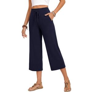 ZOOSIXX Capri Pants for Women - Wide Leg Loose Casual Trousers with Pockets Summer High Waisted Drawstring Pants (Blue, XXL)
