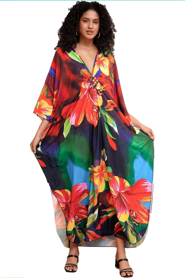 Women's Turkish Caftan Silk Wrinkle Ethnic Print Kaftans Floral Print Over Sized Caftans Lounge wear Dress