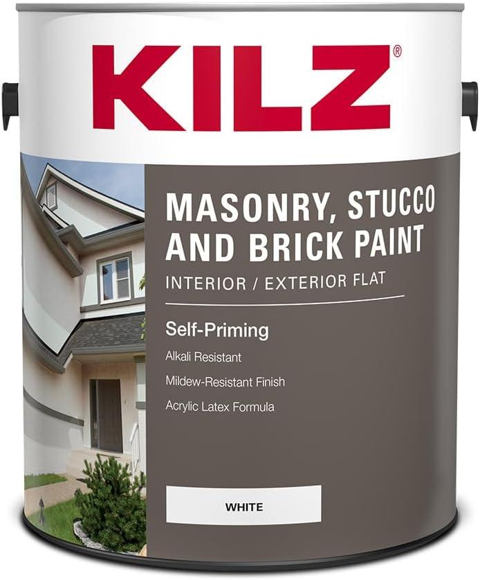 KILZ Self-Priming Masonry, Stucco and Brick Paint, Interior/Exterior, Flat, White, 1 Gallon, 128 Fl Oz