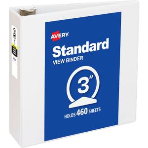 Avery Standard View 3 Ring Binder, 3" Round Rings, 460-Sheet Capacity, 3.5 Inch Wide Spine, 1 White Binder, Ideal for Lightweight Organization and Occasional Referencing (05741)