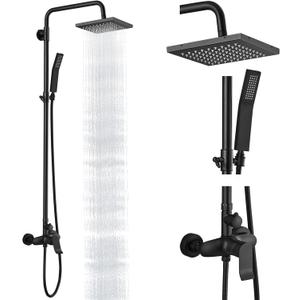Heyalan Matte Black Exposed Shower System 2 Functional Bathroom Shower Set 8 Inch Square Rainfall Shower Head with Hand Sprayer Wall Mounted