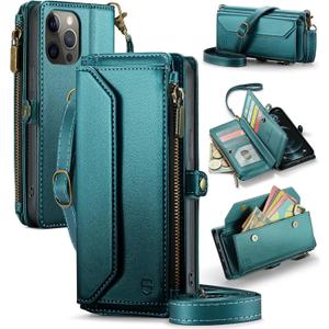 Wallet Case Compatible with iPhone 12 Pro Max RFID Blocking 10-Card Holder Soft PU Leather Magnetic Snap Shoulder Strap Zipper Pocket Phone Case Fit for iPhone 12 Pro Max - Blue Green