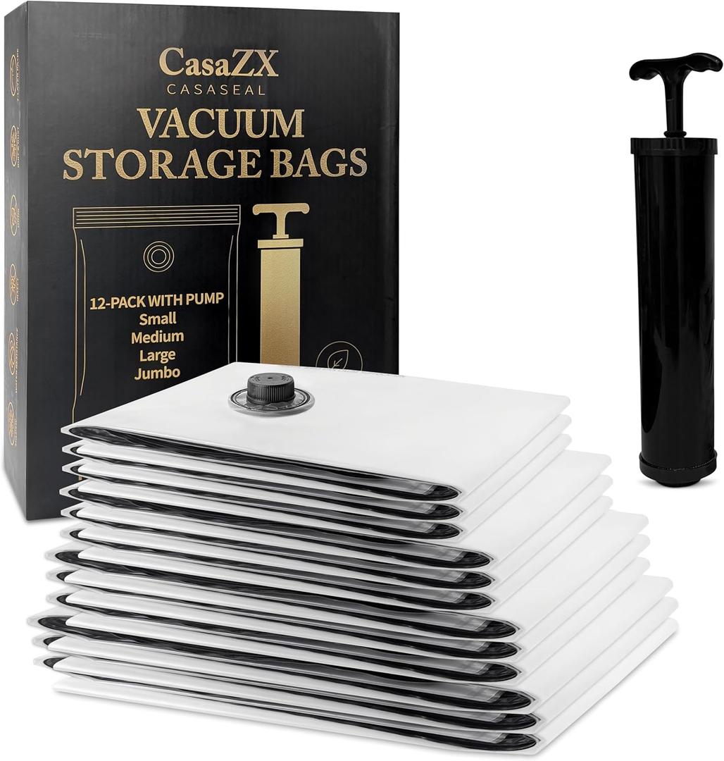 CasaZX Vacuum Storage Bags  12 Pack with Hand Pump | Space Saver Compression Bags for Clothes & Bedding | Extra Thick, Airtight Double-Zip, Triple-Valve | Reusable Storage (Jumbo/Large/Medium)
