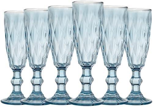 6 Pack Glass Champagne Flutes Goblet, 5 Oz Crystal High Clear Cocktail Cups Colored Wine Glasses,Set Of 6 Unique Diamond Textured Drinking Glasses Perfect for Weddings, Engagements, Mimosa Bars