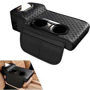 Car Center Console Cover, Microfiber Leather Car Armrest Cover Cushion with 2 Storage Bags, Cup Holders, Tissue Box Slot, Universal Car Armrest Storage Box for Most Vehicles (Black) (1 PC)