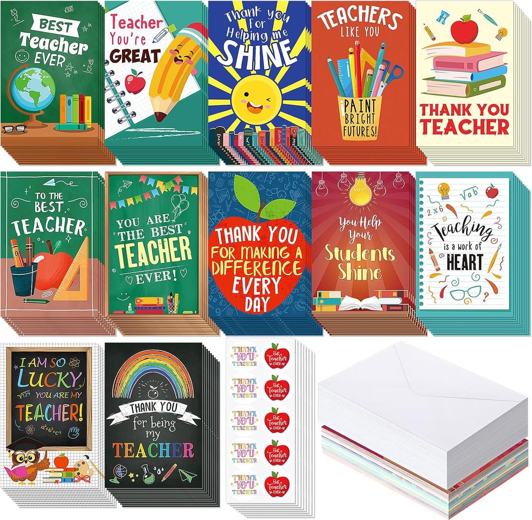 Fuyoooo Teacher Appreciation Cards 120 Sets, 4x6 Thank You Cards for Teachers from Students, Bulk Postcard with Envelopes Stickers, End of School Year Teacher Appreciation Week Gifts(Classic)