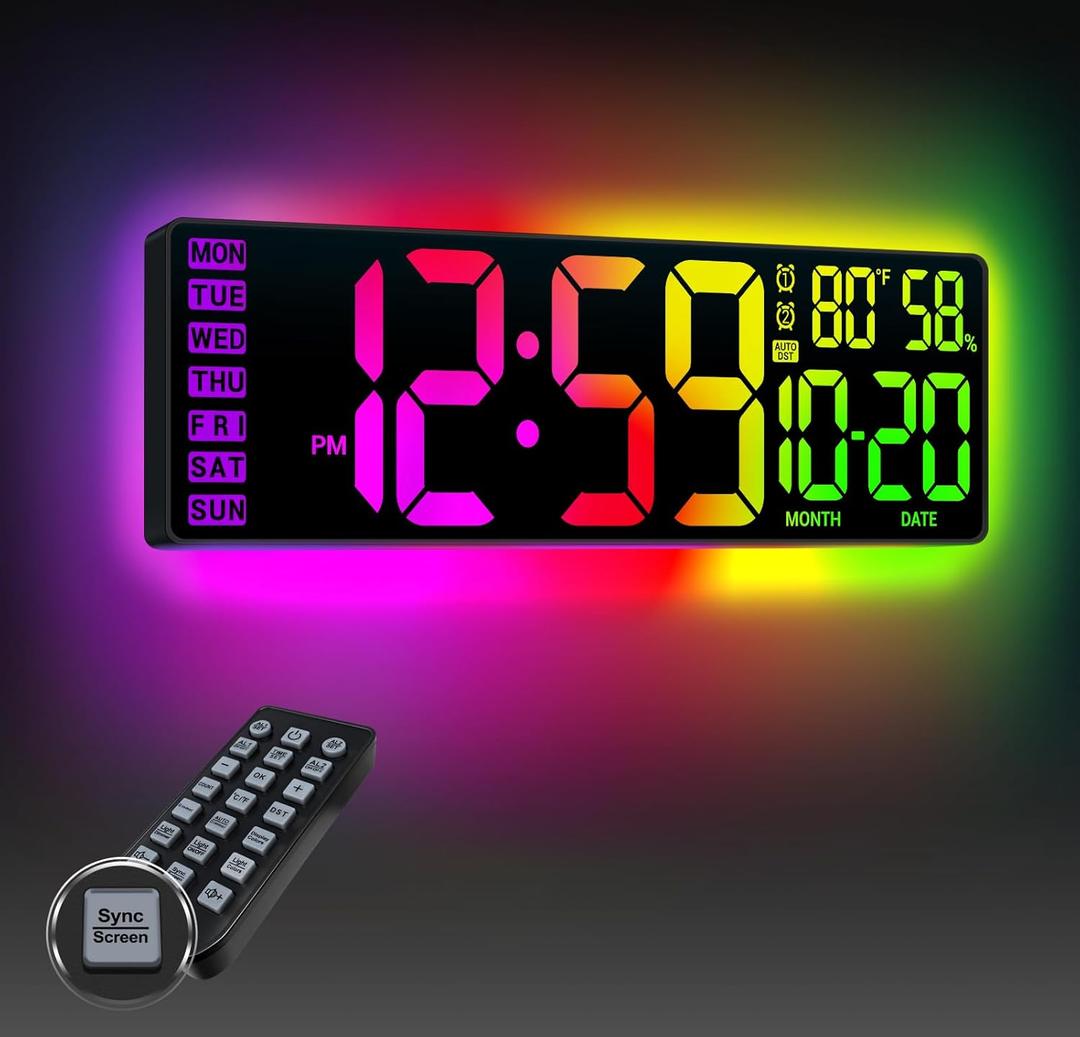 16.5" Large Digital Wall Clock: 13 RGB Night Lights Giant LED Display with Remote, Auto DST & Dimming, Classroom Must Have, Gaming Room Dorm Decor, Big Number Clock for Seniors RGB