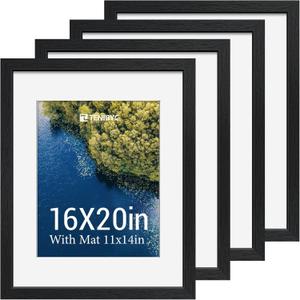 16x20 Picture Frame Set - 4 Pack, Black Wood Photo Frames - Tempered Glass - Displays Photos 11x14 with Mat or 16 x 20 without - Room, Office, Gallery, Studio, and Hallway Decor - Wall Hanging