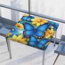 Blue Butterfly Yellow Flower Pattern Square Tablecloth with Elastic Edge Waterproof Polyester Fitted Table Cover for Indoor Outdoor Dining Kitchen Patio Picnic Party Fit 34"x34" Tables