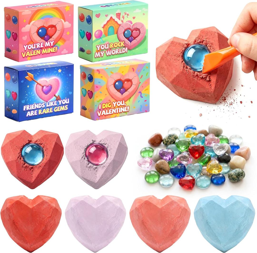 Valentines Day Cards for Kids School  28 Pack Gemstone Dig Kit, Heart Dig Blocks With Tools & Valentines Greeting Cards, Classroom Exchange Valentines Gifts, Bulk Set for School Valentines Party