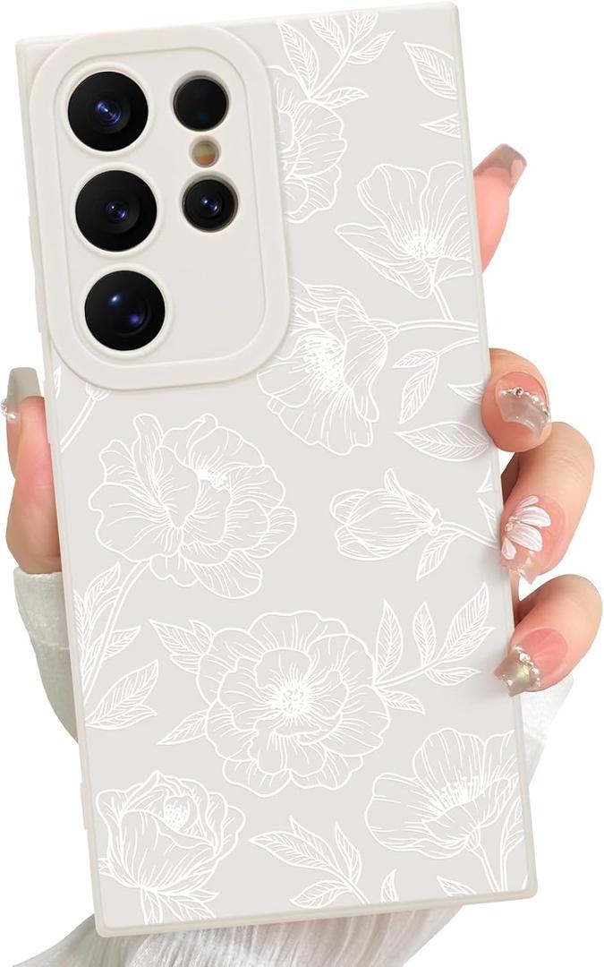 for Samsung Galaxy S24 Ultra case Silicone White Floral Rose Cute Pattern CaseCamera Protection Soft Slim Phone Case for Girls Women - White