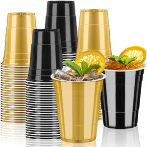 50 Pack 16oz Plastic Party Cups - Black and Gold Disposable Plastic Cups Graduation Cup for Halloween Party Decoration, Weddings, Birthdays, Holiday Gatherings
