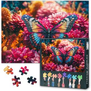 Colorful Puzzles for Adults 1000 Pieces, Butterfly and Flowers in The Garden, Impossible 1000 Piece Jigsaw Puzzles for Home Wall Decor, 19.5 x 27.5 Inch