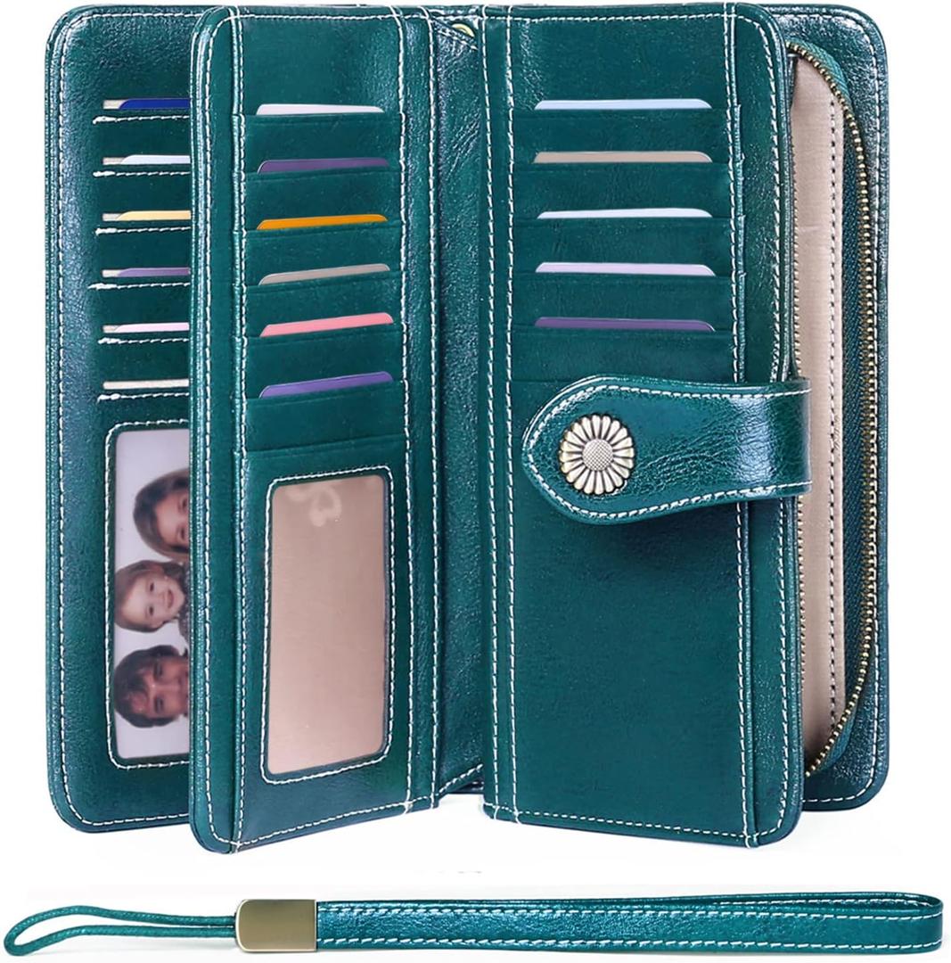 FALAN MULE Women Leather Wallet Large Capacity Bifold RFID Blocking Card Holder with Zipper Coin Pocket (AE-Peacock Blue)