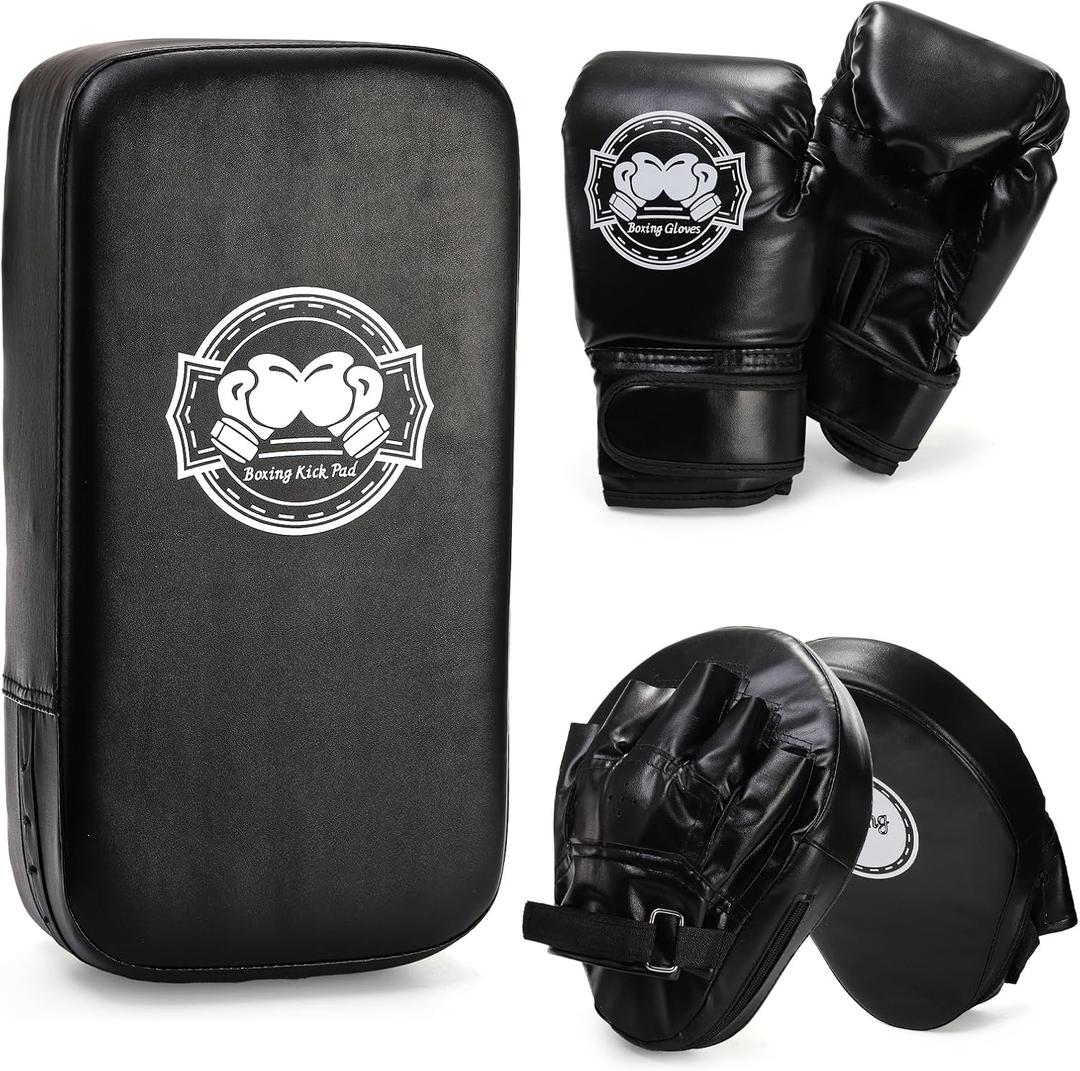 3-in-1 Kids Boxing Set, Punching Gloves Mitts Kick Pad for Beginners, Sports Kickboxing Training Set for Youth Child Boxing, Karate, Taekwondo, Muay Thai, MMA Training