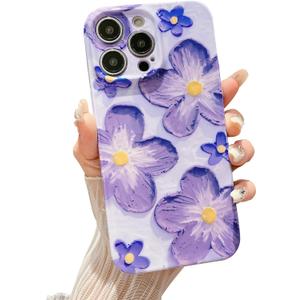 Compatible with iPhone 14 Pro Max Cute Glossy IMD Flower Floral Pattern Case, Soft TPU Shockproof Protective Phone Case for iPhone 14 Pro Max Women Girls 6.7 Inch Purple