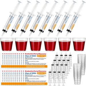 Yungyan 36 Set Nursing Graduation Party Supplies Medical Theme Labels Sticker 20 ml Plastic Syringe with Tip Cap 30 ml Cup for Medical Graduation Party Favor Photo Props