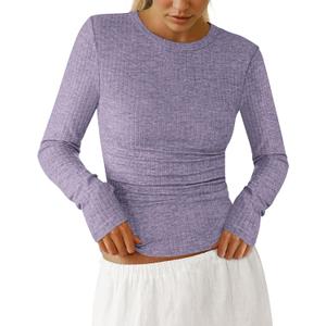 PRETTYGARDEN Womens Long Sleeve Shirts 2026 Ribbed Knit Slim Fitted Basic Tee Casual Going Out Tops Underscrubs Fall Clothing (L)