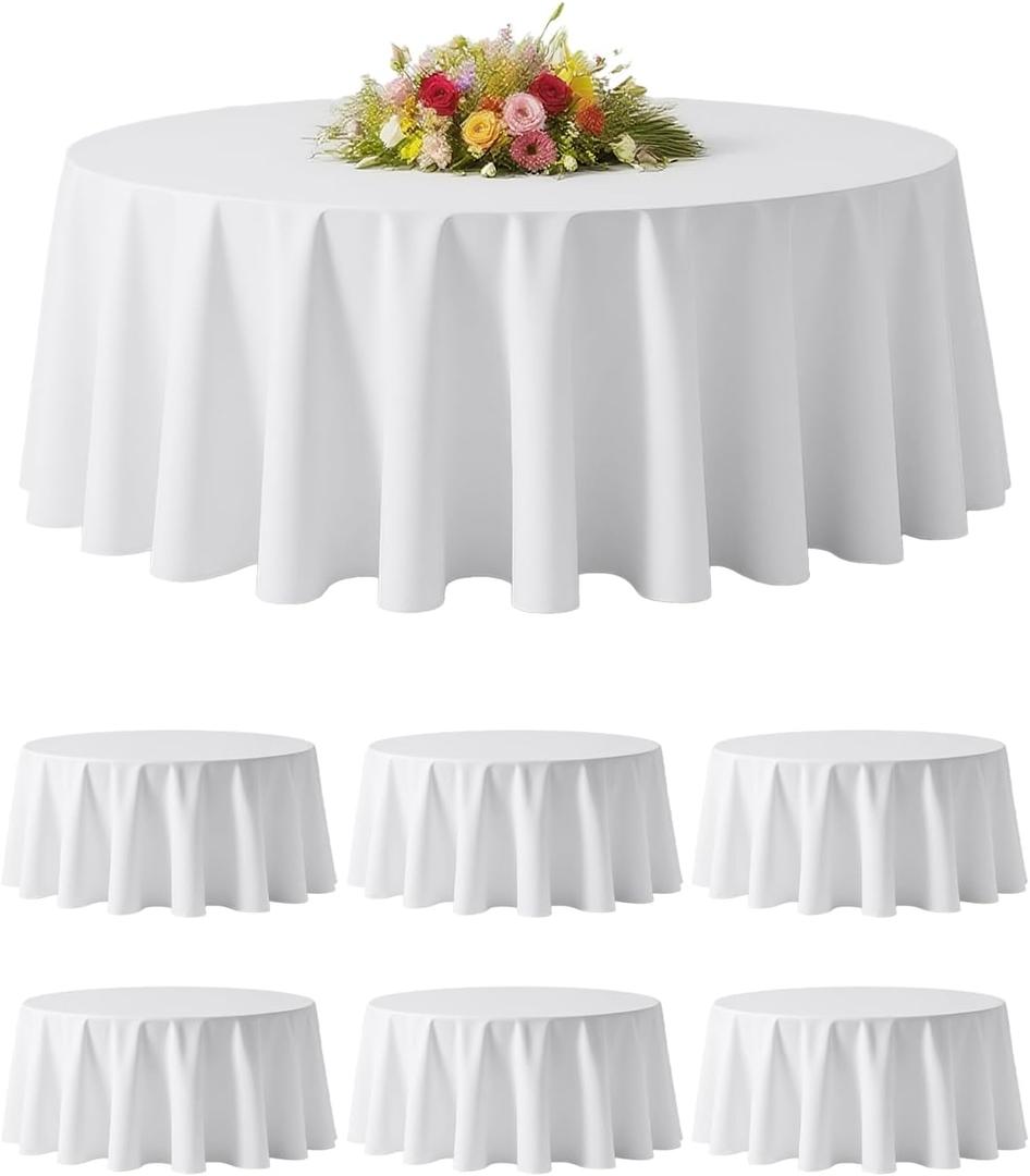 BESTVIP 6 Pack 60 Inch White Washable Round Polyester Fabric Tablecloths| Fits 20"-48" Tables |Decorative Table Cover for Wedding Party Dining Banquet, Events, Holiday, Restaurant