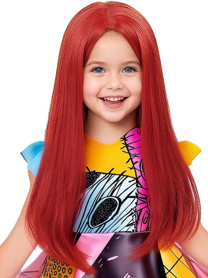 Kids Sally Wig Long Straight Girls Red Sally Costume Wig 23.6'' Red Wigs for Toddler Child Halloween Party Daily
