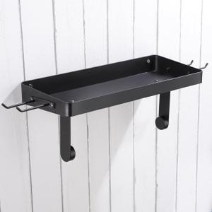 YIGII Garage Paper Towel Holder with Shelf - Wall Mount Paper Towel Holder with 4 Hooks, Single-Hand Tear Paper Towel Rack Heavy Duty Tissue Holder for Clean Station, Craft Room, Workbench (Black)