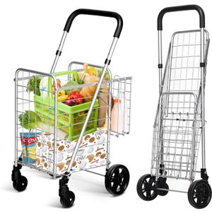 IRONMAX Grocery Shopping Cart, Foldable Heavy Duty Utility Cart w/Adjustable Handle, Extra Basket & 360 Rolling Swivel Wheels, Lightweight Trolley Cart for Grocery Laundry Luggage (Sliver)