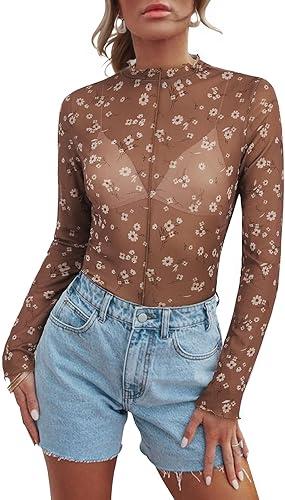 Mesh Long Sleeve Tops for Women Floral Lace Undershirt Sheer Top Mock Neck Fitted Blouse Sexy Going Out Outfits Party  Floral Brown White XL