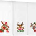 Quera 3 Pack Christmas Hand Towels, Winter Cartoon Reindeer Christmas Embroidery Rustic Cabin Decor Bathroom Decorative Holiday Towels Gift Set 13.7'' x 29.5'' (White)