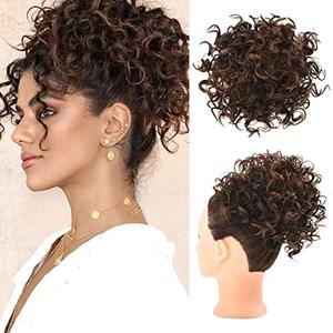 HOOJIH Curly Hair Bun, Messy Bun Hair Piece Elastic Drawstring Loose Wave Messy Large Full Bun Extension Hairpiece Short Synthetic Ponytail Extension for Women - Dark Brown with Light Auburn