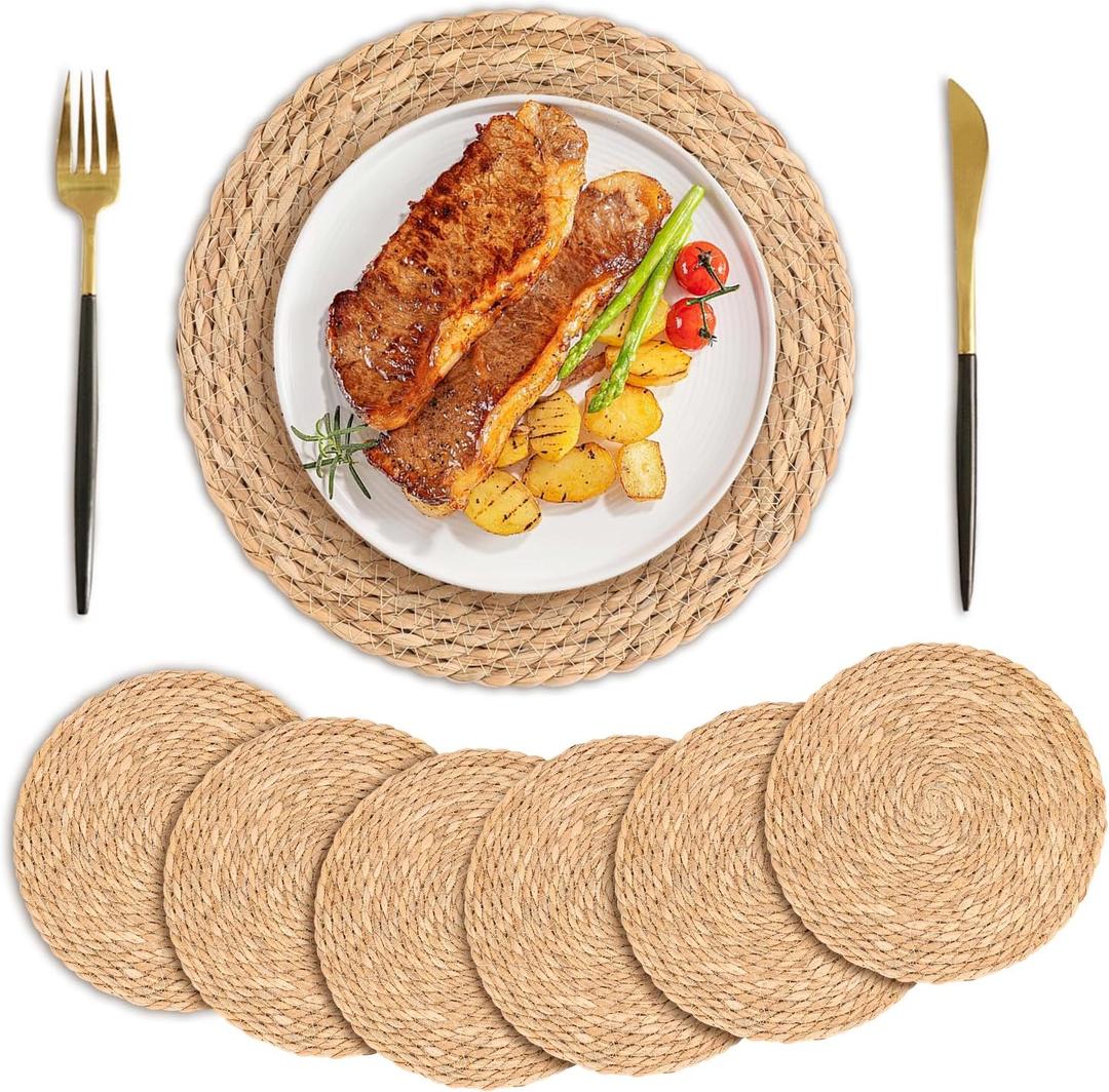 KesaPlan Round Woven Placemats Set of 6, 12" Round Rattan, Natural Wicker, Hand-Woven Water Hyacinth, Boho, Non-Slip, Heat Resistant for Dining Table, Party
