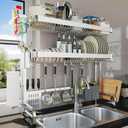 Over The Sink Dish Drying Rack, 3 Tier Adjustable Length Full Stainless Steel Large Storage Kitchen Dish Rack, for Kitchen Counter Expandable Multifunctional Organizers, Silver (25.5'' to 37.6'')