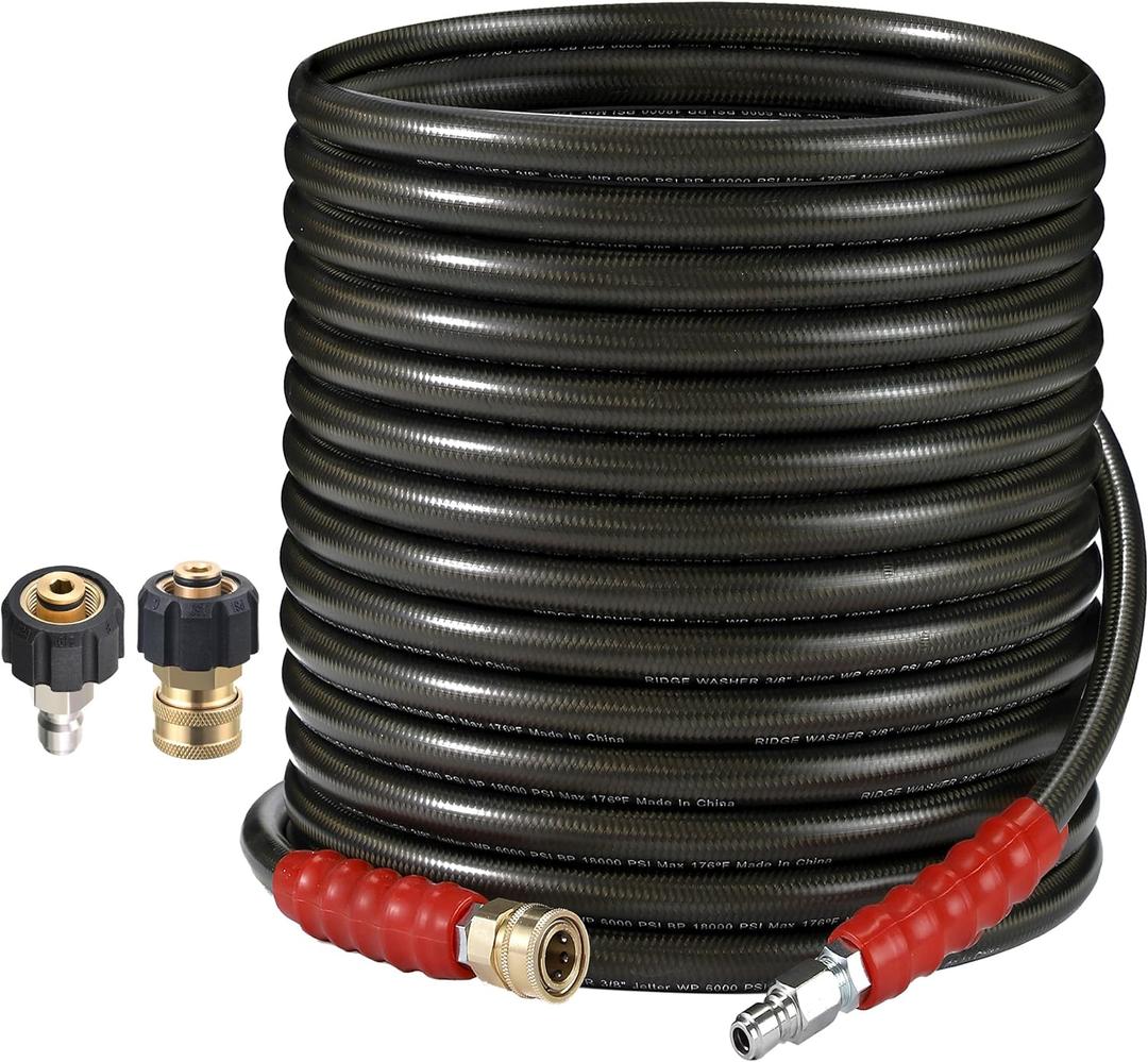 RIDGE WASHER Pressure Washer Hose 50 Feet X 3/8 Inch for Hot and Cold Water, 2-Wire Steel Braid Hose (R2), 3/8 Inch Quick Connect, 6000 PSI